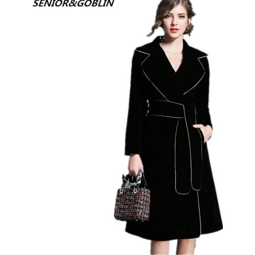 New Autumn Jackets Black Velvet 2020 Runway Designer Winter Long Sleeve Turn Down Collar Adjustable Waist Female Trench Coat