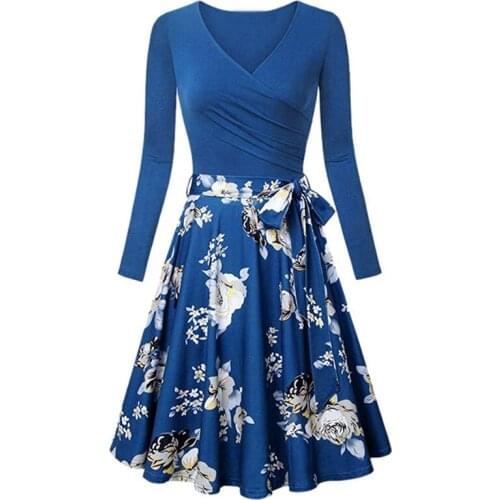 2020 Summer Autumn Printing Fit Flare Dress Long Sleeve V-Neck Party Knee Length Dress Women Long Maxi Dress Vestidos