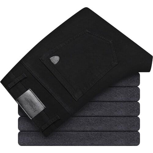 2021 Brand Winter Mens Fleece Black Jeans Business Casual Thicken Warm Regular Fit Stretch Denim Straight Trousers Male