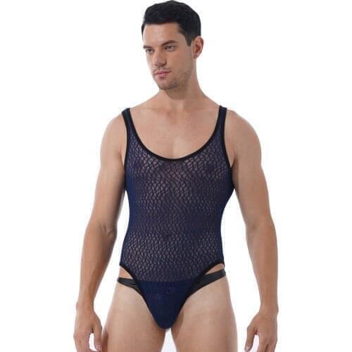 Mens Sexy Wrestling Singlet Bodysuit Underwear Lingerie Hot See-through Mesh Teddies Round Neck Sleeveless Leotard Nighwear