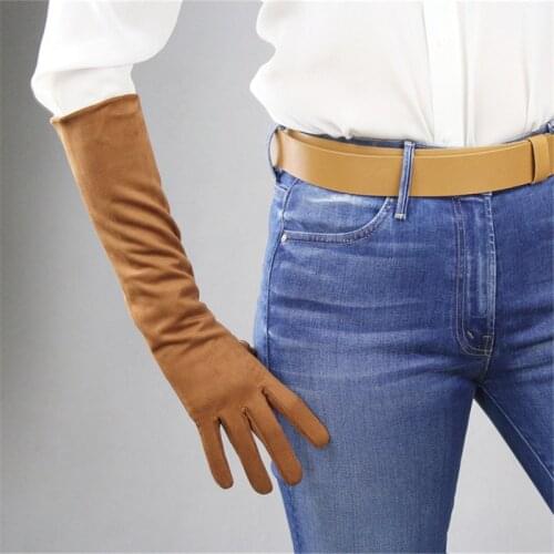 40cm Suede Long Gloves Medium And Long Section Brown Caramel Scrub Suede Emulation Leather Sheepskin Female Free Shipping WJP07