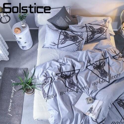 Solstice Home Textile Noble Deer Bedding Sets Stripe Bed Sheet Duvet Cover Pillowcase Teen Adult Boy Bed Linen King Twin 3/4Pcs