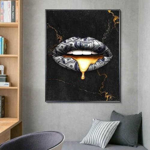 Sexy Gold Lips Mouth Canvas Painting Money on Lips Wall Art Posters and Prints Picture for Living Room Cuadros Home Decoration