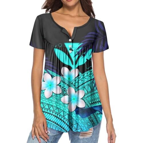 HYCOOL Royal Blue Classic Women Blouse Polynesian Hibiscus Design Ladies Tops Plus Size Women Short Sleeve Pleated Buckle Shirt