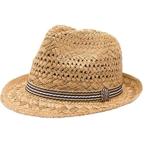 LUCKYLIANJI Summer Fashion Handmade Kid Beach Boho Fedora Raffia Hat Sun Hat Sunhat Men Jazz Hat Gangster Cap (One Size:54cm)