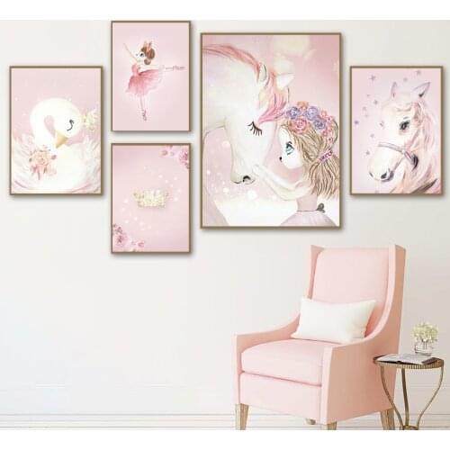 Cartoon Girl Unicorn Swan Horse Flower Crown Wall Art Canvas Painting Nordic Posters And Prints Wall Pictures Kids Room Decor