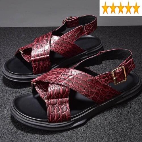 Men 2021 Red New Soft Leather Flat Fashion Leisure Buckle Strap Beach Sandals Slippers Summer Footwear