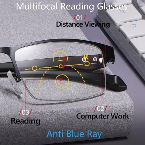 Full frame Near-far dual-purpose Progressive multi-focus Reading Glasses Men Anti Blue Ray Multifocal Magnification Spectacles