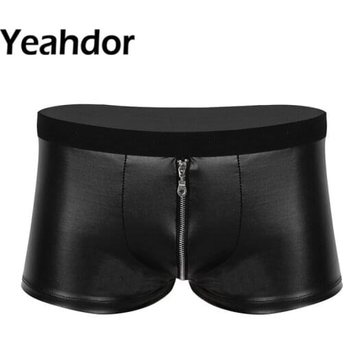 Mens Wet Look Faux Leather Sexy Lingerie Zipper Bulge Pouch Low Rise Boxer Briefs Shorts Underwear Club Homme Gay Male Shorts