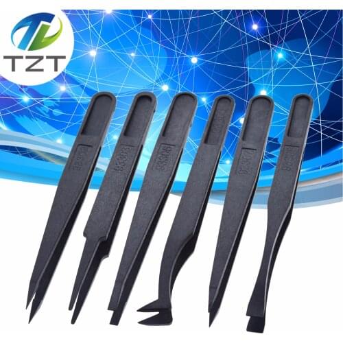 TZT 6pcs Anti-static Electronic Tweezers Kit ESD Plastic Forceps PCB Repair Hand Tools Set