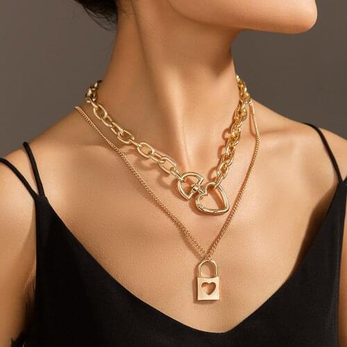 New Gold Color Necklace Hip-hop Sweater Chain Lock-shaped Hollow Love Pendant Multi-layer Necklaces For Women Fashion Jewelry
