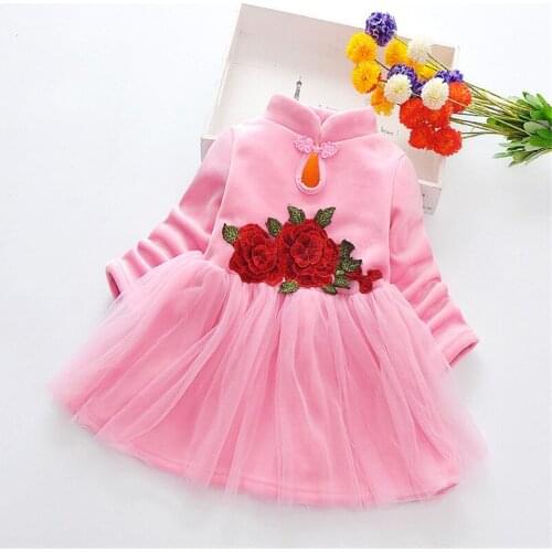 Formal Girls Dresses Baby Winter Wearing Party Dresses Plus Velvet Thicken Princess Dress Tutu Wedding Lace Pink Girls Clothing