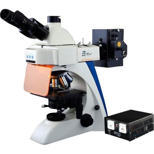 Trinocular fluorescent microscope with Infinity Plan Achromatic Objectives