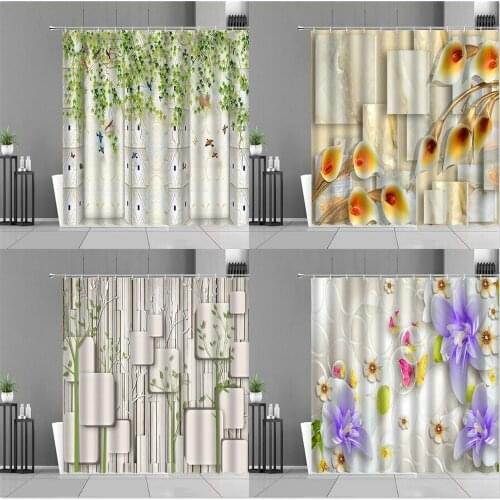 Wood Grain Wall Modern Minimalist Flower Plant Background Wall Cloth Curtains Waterproof Bathroom Shower Curtain Home Decoration