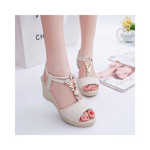 New Korean Fashion Open-toe Fish Mouth Sandals Women Beaded Wedge Shoes Heels Women Sandals for Women 2020