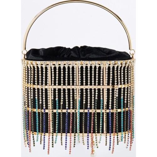 Color Tassel Rhinestone Evening Handbags Women New Korean Luxury Diamond Hollow Alloy Cage Clutch Ladies Basket Dinner Party Bag
