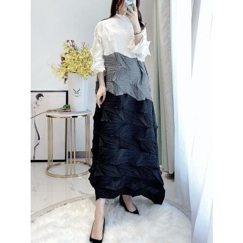 2021 Autumn Winter Long Dress Boho Plus Size Women Dress Diamond Pleated High Fashion Miyake Pleated Long Sleeve Dress TP904