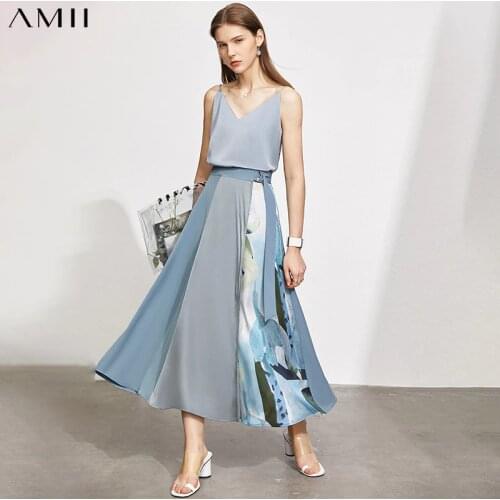 Amii Minimalism Summer New Vintage Skirt For Women Fashion High Waist Printed Aline Ankel-length Womens Summer Dress 12170205