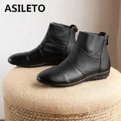 ASILETO Safe Walking Elderly Winter Plush Boots For Women Sport Shoes Female Mom Genuine Leather Ankle Shoes Ladies Fashion