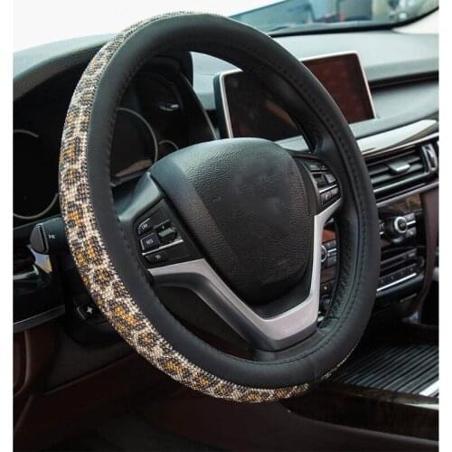 G5AD Vehicle Supplies Set 14-16inch Diameter Leopard Printed Car Steering Wheel Cover Protector Car Coasters Keychain