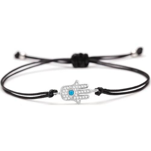 White Zircon Crystal Hand Of Fatima Lucky Charm Bracelet Women Men Black String Hamsa Hand Blue Semi-precious Stone Jewelry Gift