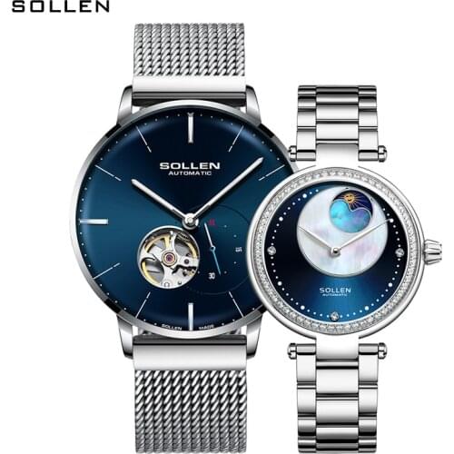 Switzerland Luxury Brand SOLLEN Japan MIYOTA Automatic Couple‘s Mechanical Watches Waterproof Moon Phase Diamond Watches
