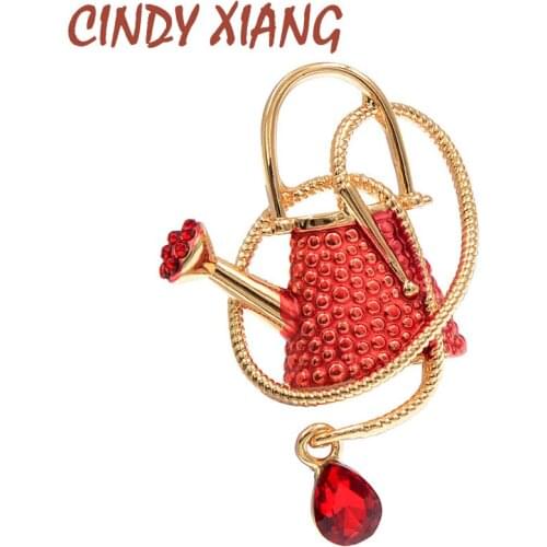 CINDY XIANG New Cartoon Enamel Red Green Metal Brooch Pin Vintage Water The Flowers Kettle Brooches Crystal Drop Pendant Pins