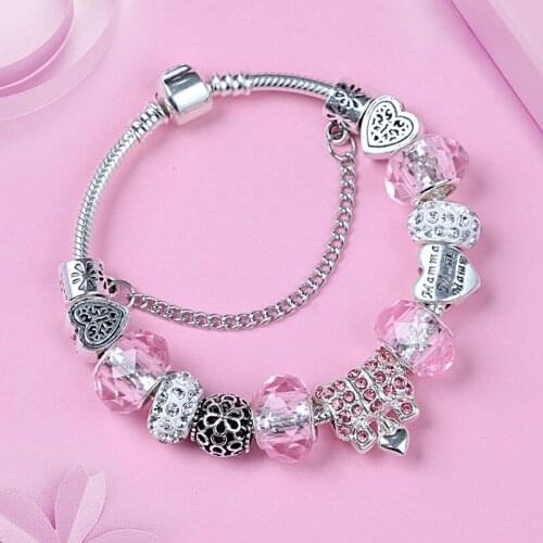 Droshiing Leabyl ink Crystal an Charm Bracelet Silver Color Heart Flower Women Diy Bead Bracelet Jewelry for Gift