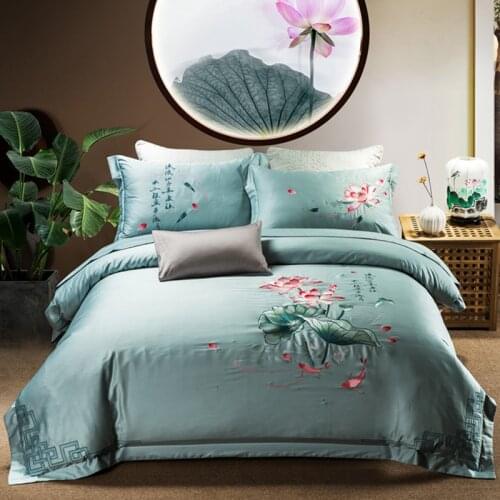 Chinese Style Lotus 100% Cotton Sanding Printed Flower Bedding Set Embroidered Bed Sheet Duvet Cover Pillowcase Queen King 4pcs
