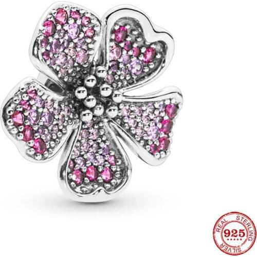 New 925 Sterling Silver Pink CZ Zirconia Cherry Blossoms Flower Charms Pendant Fit DIY Pandora Bracelet Necklace Jewelry