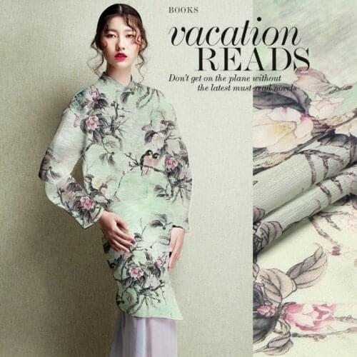 Chinese flower and birds print 140cm wide13.5mm silk linen summer fabric a little transparent and hard fabric
