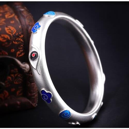 MetJakt S999 Sterling Silver Bracelet Jewelry, Womens Clouds Enamel Bangle