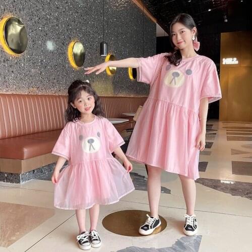Cute Cartoon Print Parent-child Dress Summer Mum and Me Dresses for Holiday New Design Patchwork Net Dresses for Girls and Lady