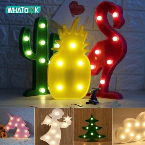Cute LED Flamingo Unicorn Night Lights Marquee Sign Pineapple Cactus Star Luminary Wall Lamp Cartoon Animal Decor Lighting Gifts
