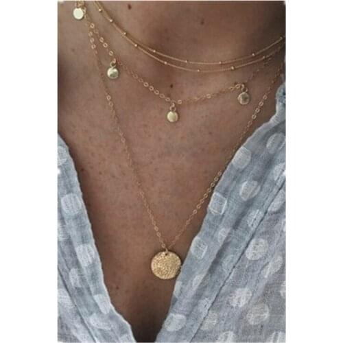 Bohomian Multilayer Necklace Women Round Coin Pendant Necklace For Women Metal Gold Color Sequins Jewelry