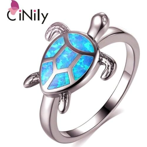 CiNily Fashion Jewelry Luster Blue Fire Opal Rings Lovely Tortoise Silver Plated Women Jewelry Ring Size 6-7 OJ9311