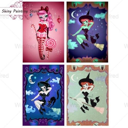 5D DIY Full Square Round Cartoon Witch Girl Diamond Painting Cross Stitch Picture Diamond Embroidery Mosaic Pictures Diamond Kit