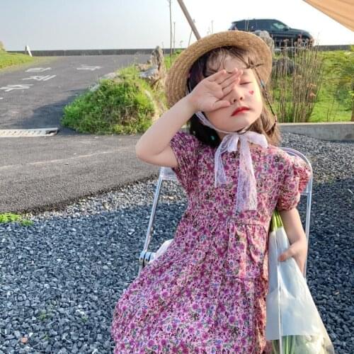 Summer New Arrival Korean style girls princess dress cotton short sleeve flowers printed with bowknot for cute sweet baby girls