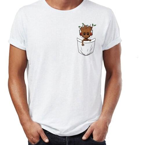 Casual Men t-shirt Baby Groot Pocket Tshirt Tees Tops Funny Guardians Of Galaxy Badass Awesome Tshirt Tees Harajuku Streetwear