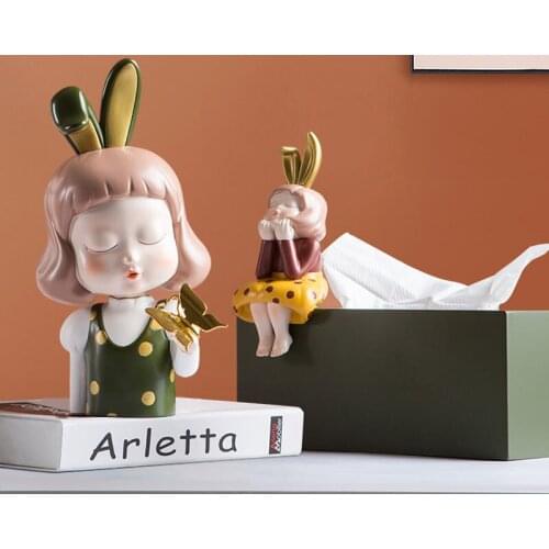 Nordic Light Luxury Creative Resin Girl Sculpture Tissue Box Ornaments Living Room Desktop Tissue Holder Girls Room Accessories