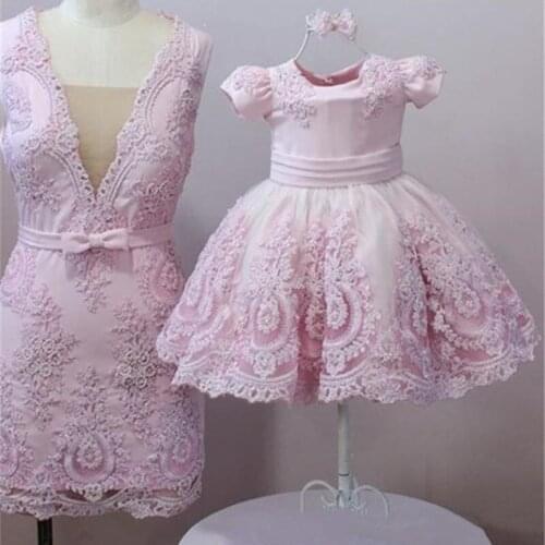 Formal Real Image Pink Mom and Daughter Short Dresses Lace Infant Toddler Flower Girl Dress for Wedding Lace Baby Birthday