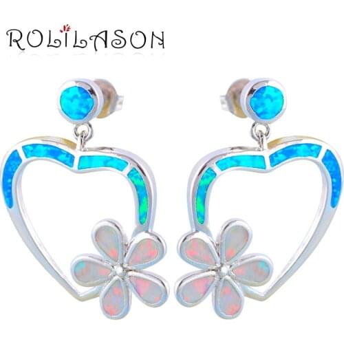 Amazing design Blue Heart & White Flower style Color Fire Opal Silver Stamped Fashion Jewelry Drop Earrings for women OE387