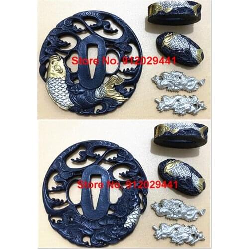 High Quality A Set Copper Fish Fittings Tsuba Menuki Fuchi Kashira For Japanese Sword Samurai Katana Plated Gold & Silver