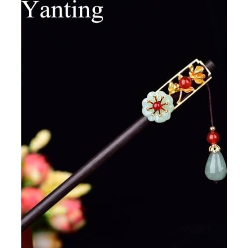 Yanting Ethnic Wood Hairpin Handmade Vintage Hair Stick Wedding Accessories Water Drop Aventurine Pendant Unique Design 0149