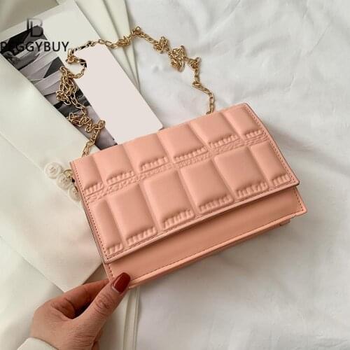 2021 New Fashion Women Checker Pattern Pure Color Messenger Bag Chain PU Flap Handbags Solid Color Pleated Tote Bag