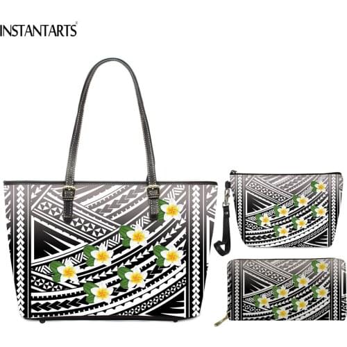 INSTANTARTS Black Gradient Plumeria Pattern Women Top-handle Bag Sets with Makeup Case Wallet PU Leather Shoulder Bags Handbag