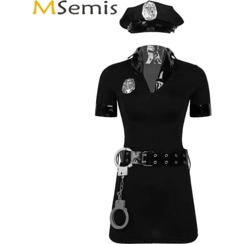 Womens Police Officer Uniforms Halloween Cop Cosplay Costume Deep V Bodycon Mini Dress with Hat Badge Belt Cuffs Roleplay Outfit