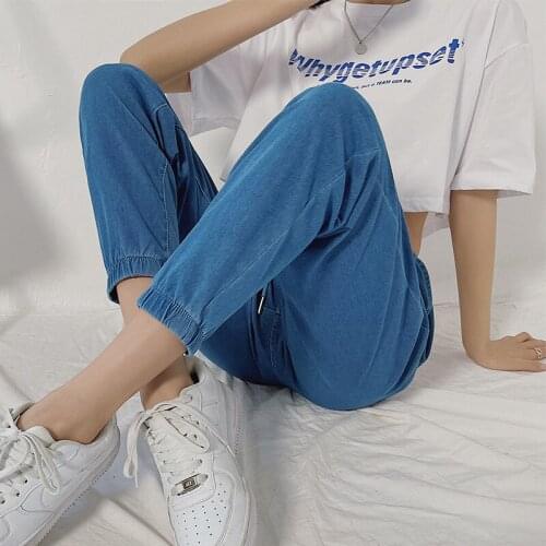 Spring new toe jeans womens high waist slim loose straight pants Joker drawstring nine casual pants cargo pants women