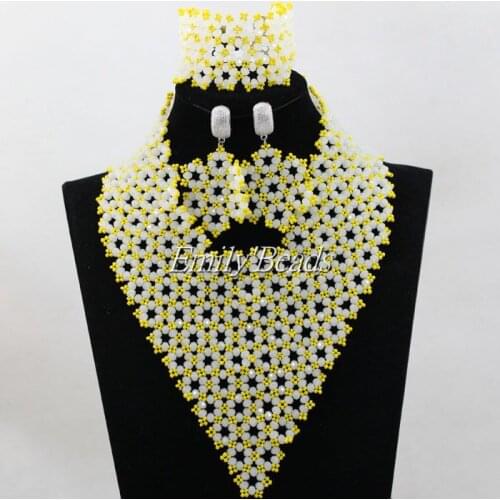 Women Gift Jewelry Set Nigerian Wedding African Beads Jewelry Set Yellow Seed Beads Costume Choker Necklace Jewelry ALJ604