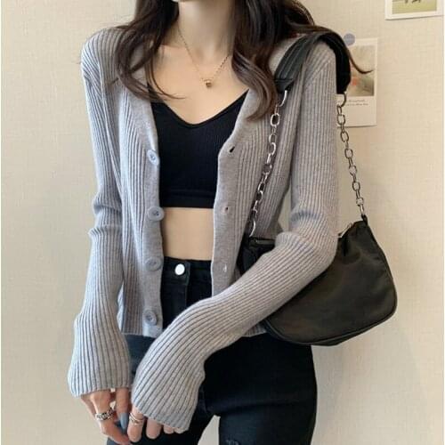 Women Solid Color Knitted Cardigan Korean V Neck Short Knitwear Fashion Long Sleeve Korean Jackets Crop Tops Ropa Mujer Purple